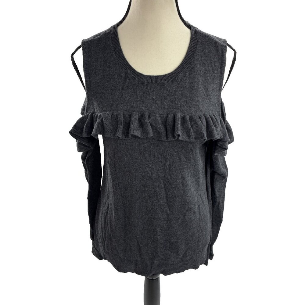 Michael Kors Sweater Womens M Gray Cold Shoulder Ruffle Knit Long Sleeve Top